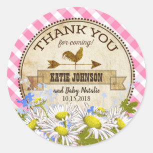 Country Daisies Pink Gingham Check Baby Shower Classic Round Sticker