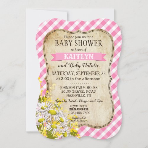 Country Daisies Pink Gingham Check Baby Shower Invitation