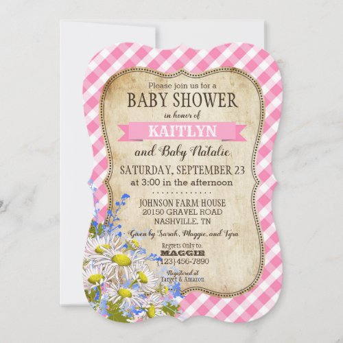 Country Daisies Pink Gingham Check Baby Shower Invitation