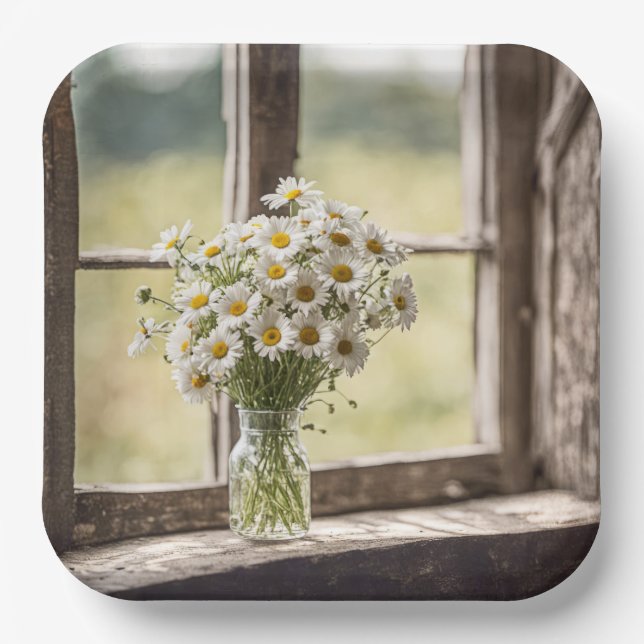Country Daisy Bouquet In Window Paper Plates (Front)