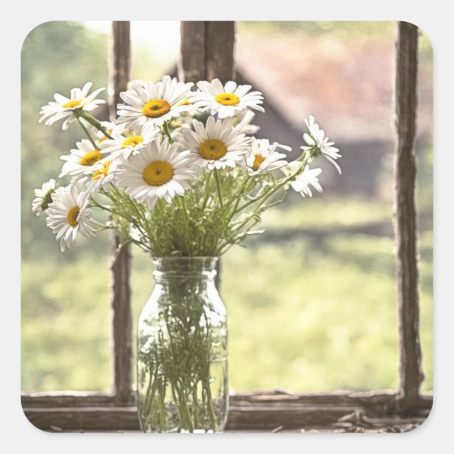 Country Daisy Bouquet In Window Square Sticker (Front)
