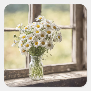Country Daisy Bouquet In Window Square Sticker