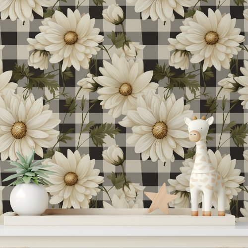 Country Daisy Flowers Gray White Plaid Pattern Wallpaper