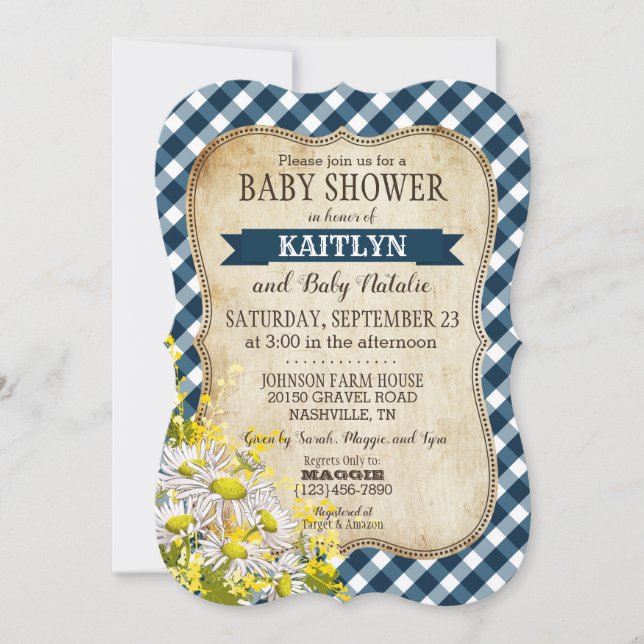 Country Daisy Navy Blue Gingham Check Baby Shower Invitation (Front)