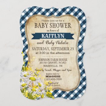 Country Daisy Navy Blue Gingham Check Baby Shower Invitation by NouDesigns at Zazzle