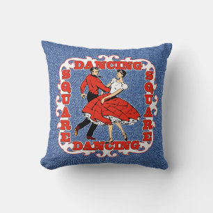 Country Dance Square Dancers In Red Faux Denim Throw Pillow