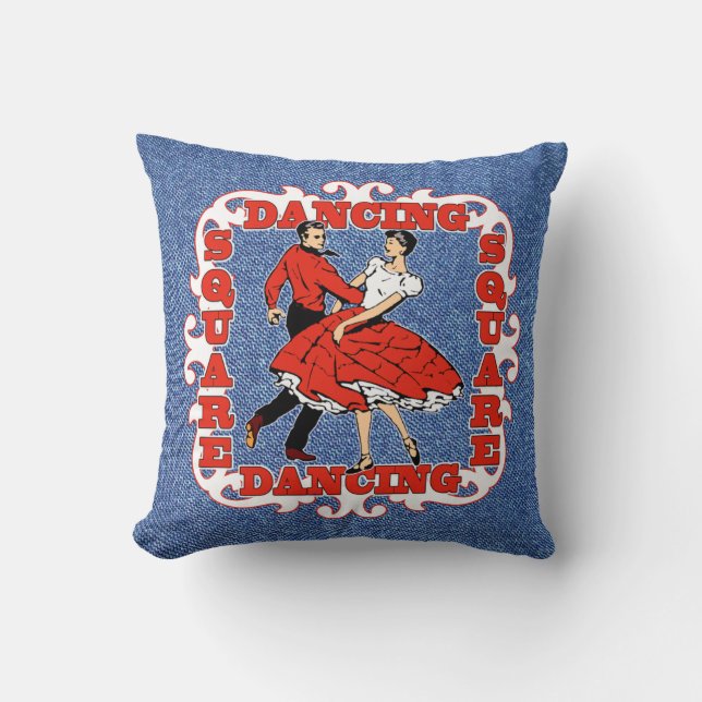 Country Dance Square Dancers In Red Faux Denim Throw Pillow (Front)