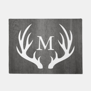 Country Dark Grey Wood White Deer Antlers Monogram Doormat