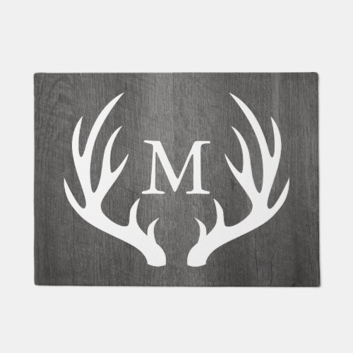 Country Dark Grey Wood White Deer Antlers Monogram Doormat