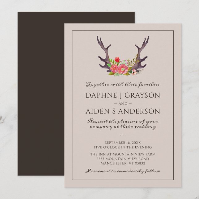 Country Deer Antler Floral Wedding Invitation (Front/Back)