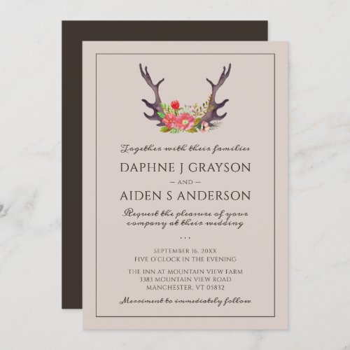 Country Deer Antler Floral Wedding Invitation