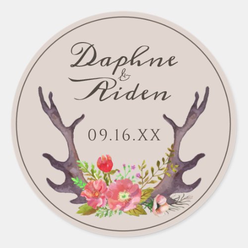 Country Deer Antlers Floral Wedding Name Date Classic Round Sticker