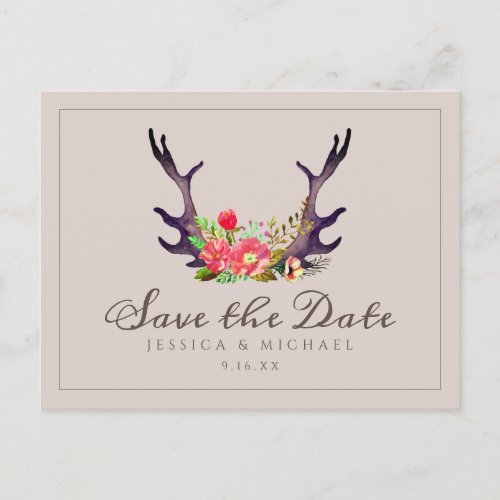 Country Deer Antlers Floral Wedding Save The Date Announcement Postcard