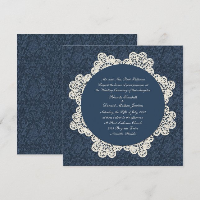 Country Denim Damask & Ivory Lace Wedding Invitation (Front/Back)