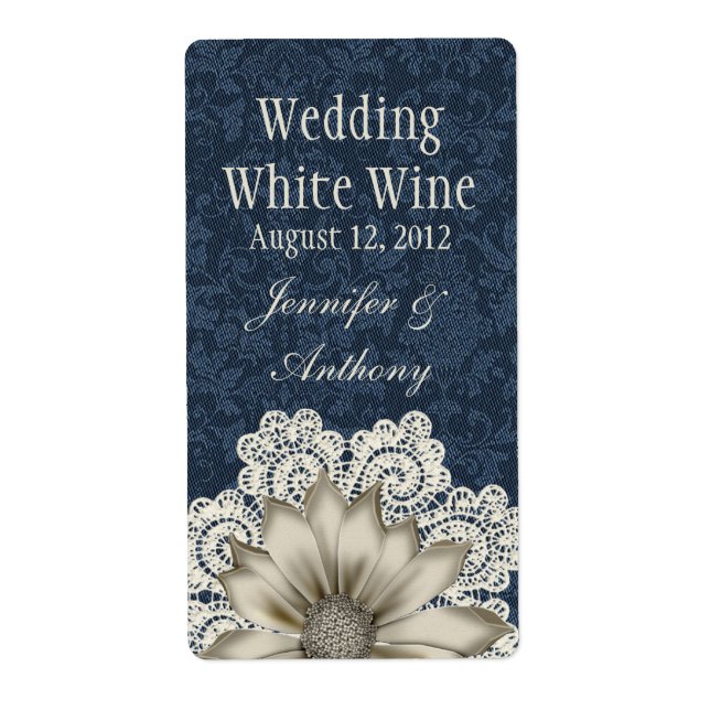 Country Denim & Ivory Lace Wedding Mini Wine Label (Front)