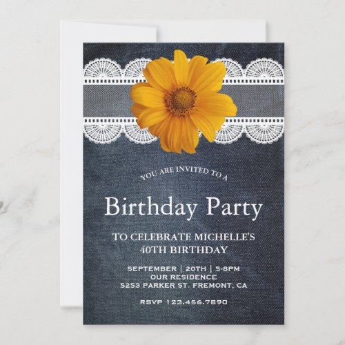 Country Denim Lace Sunflower Birthday Party Invitation