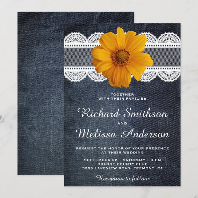 Country Denim Lace Sunflower Wedding Invitation (Front/Back)