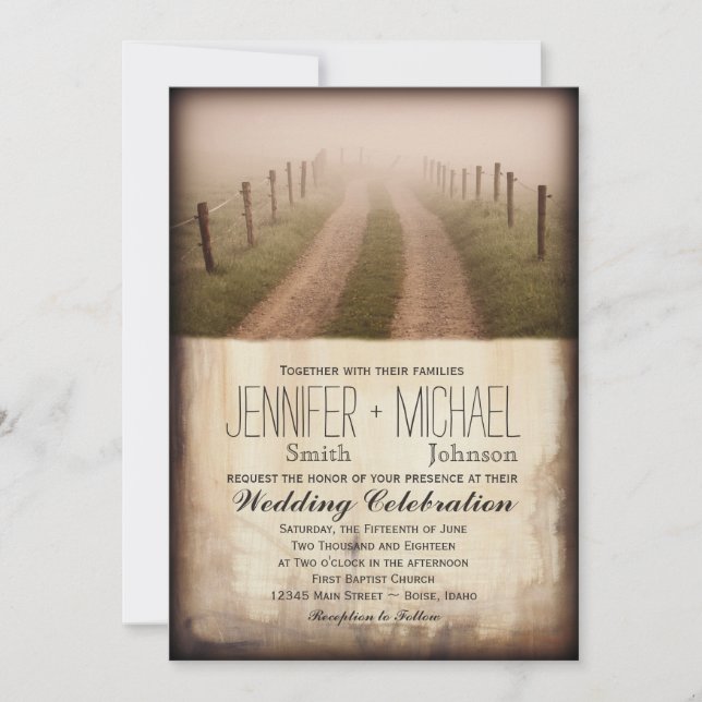 Country Dirt Road Rustic Fence Post Wedding Invite (Front)