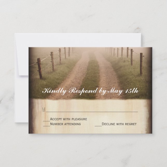Country Dirt Road Rustic Fence Post Wedding RSVP Card (Front)