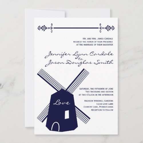 Country Dutch Windmill Navy Wedding Invitations