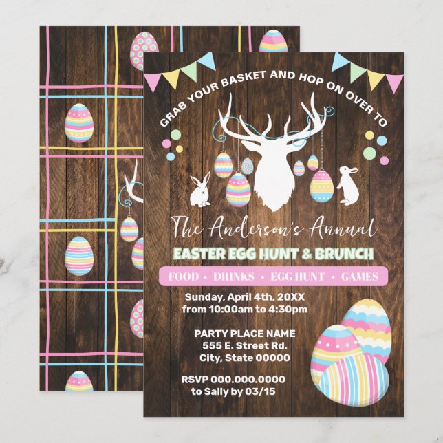 Country Easter Egg Hunt & Brunch Deer Bunnies Invitation (Front/Back)