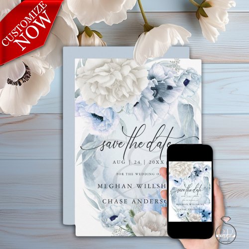 Country Elegant Floral Watercolor Blue Flowers Save The Date