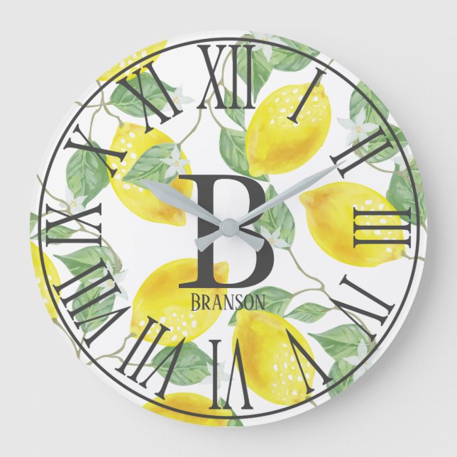 Country Elegant Watercolor Lemons Monogram Large Clock (Front)