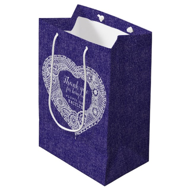 Country fabric and lace effect wedding favor bag (Front Angled)