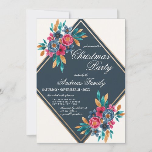 Country Fall Blue Gold Watercolor Flower Christmas Invitation