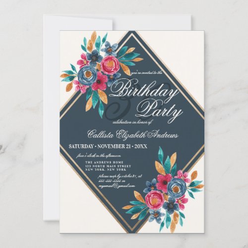 Country Fall Blue Gold Watercolor Flowers Birthday Invitation