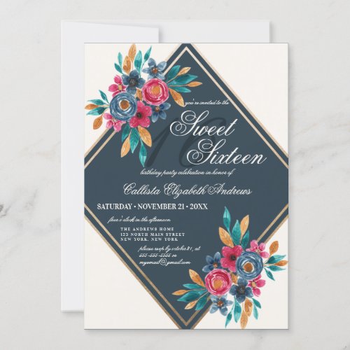 Country Fall Blue Gold Watercolor Flowers Sweet 16 Invitation