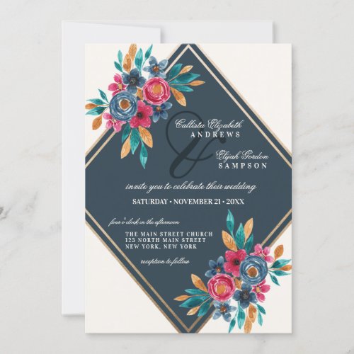 Country Fall Blue Gold Watercolor Flowers Wedding Invitation