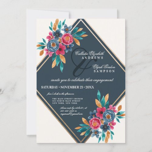 Country Fall Gold Watercolor Flower Engagement Invitation
