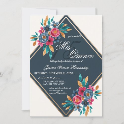 Country Fall Gold Watercolor Flowers Quinceaera Invitation