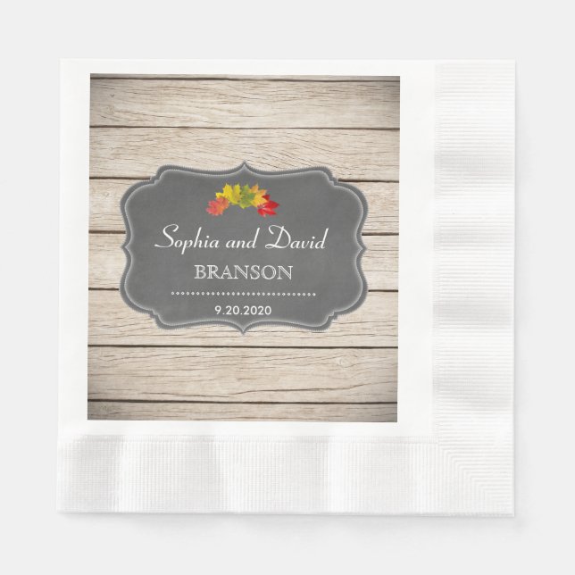 Country Fall Leaves Chalk Washed Wood Wedding Napkins (Front)
