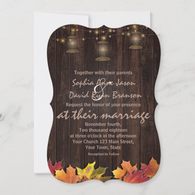 Country Fall Leaves Old Lanterns Wood Wedding Invitation (Front)