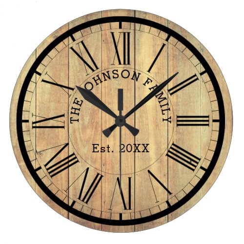 Country Famly Name &amp; Est. | Rustic Light Wood Large Clock