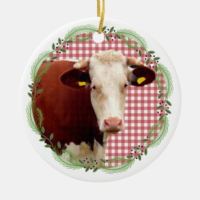Country Farm Animal Cow Gingham Christmas Wreath Ceramic Ornament (Front)