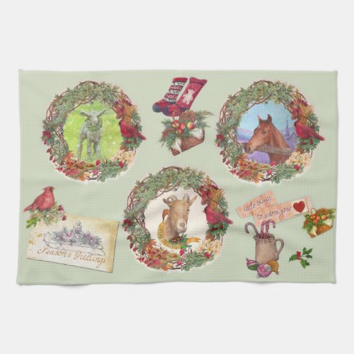 Country Farm Animals Christmas Greetings Kitchen Towel