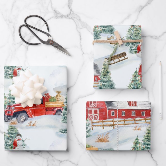 Country Farm Barn Truck Snowman Wrapping Paper Sheets (Front)