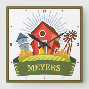 Country Farm Big Red Barn Personalized Ranch Square Wall Clock