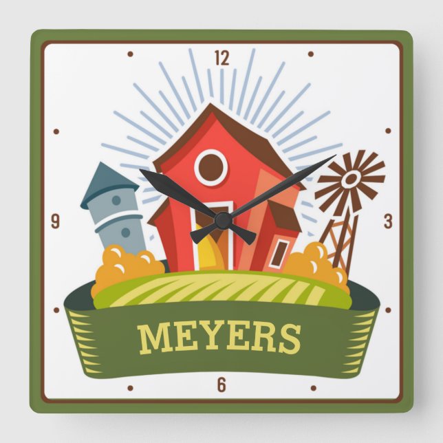 Country Farm Big Red Barn Personalized Ranch Square Wall Clock (Front)