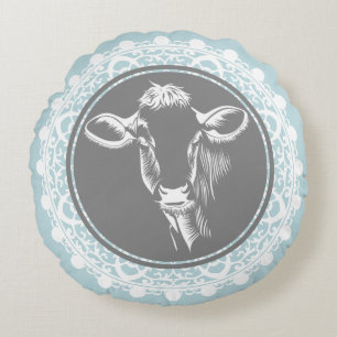Country Farm Blue & White Doily Cow Sketch Round Pillow
