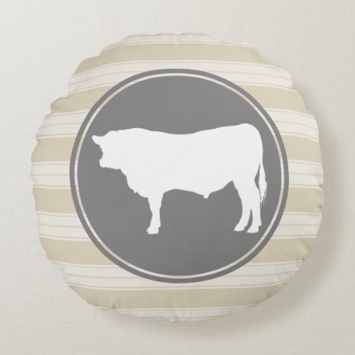 Country Farm Creamy Tan White Bull Silhouette Round Pillow