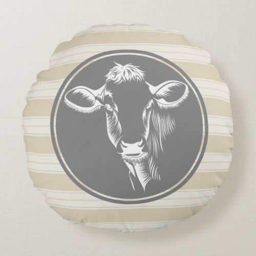 Country Farm Creamy Tan White Cow Sketch Round Pillow