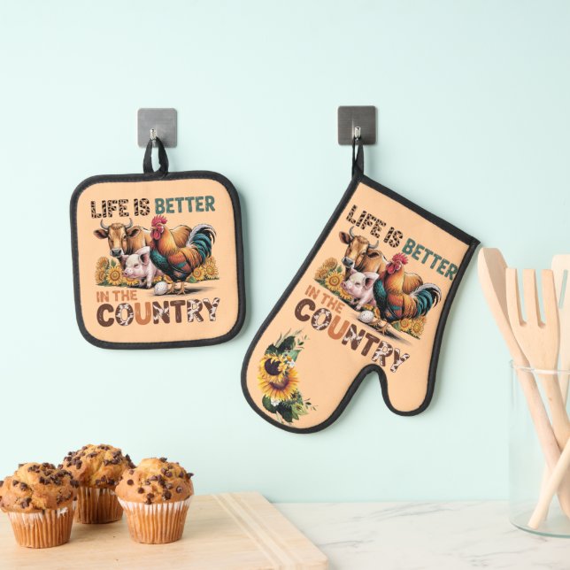 Country, Farm Living, Kitchen Decor Oven Mitt & Pot Holder Set (Insitu(Hanging))