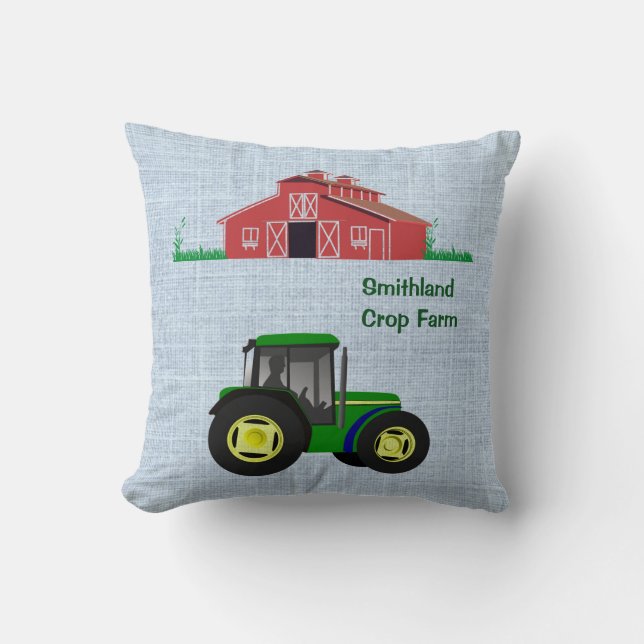 Country Farm Red Barn Green Tractor Optional Name Throw Pillow (Front)