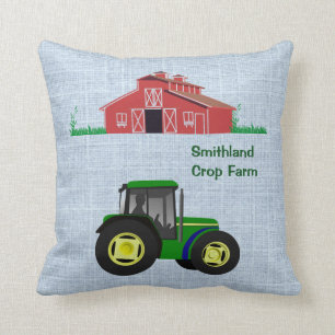 Country Farm Red Barn Green Tractor Optional Name Throw Pillow