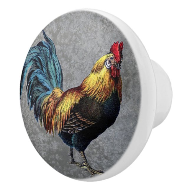 Country Farm Rooster On Gray Background Ceramic Knob (Right)