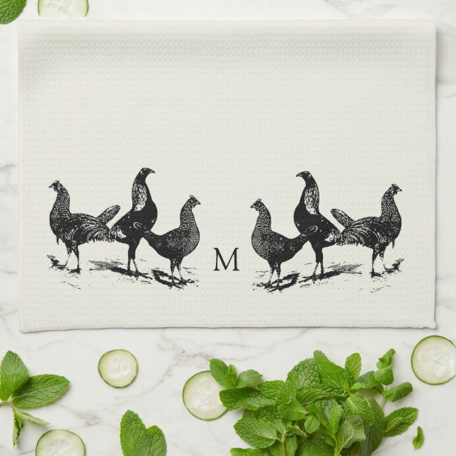 Country farm style chicken monogrammed kitchen towel (Folded)